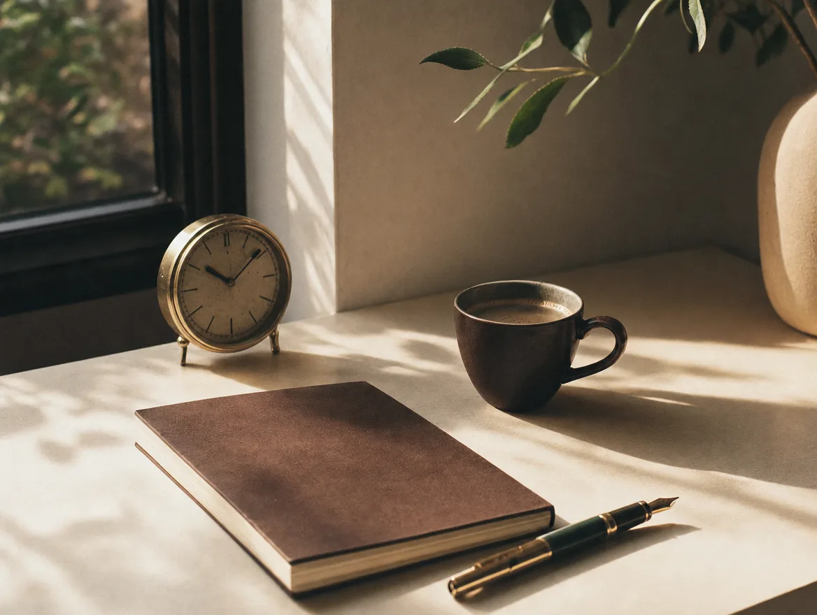 Rincón de escritorio junto a una ventana con luz de mañana: un cuaderno cerrado, una pluma, una taza de café y un reloj de bronce