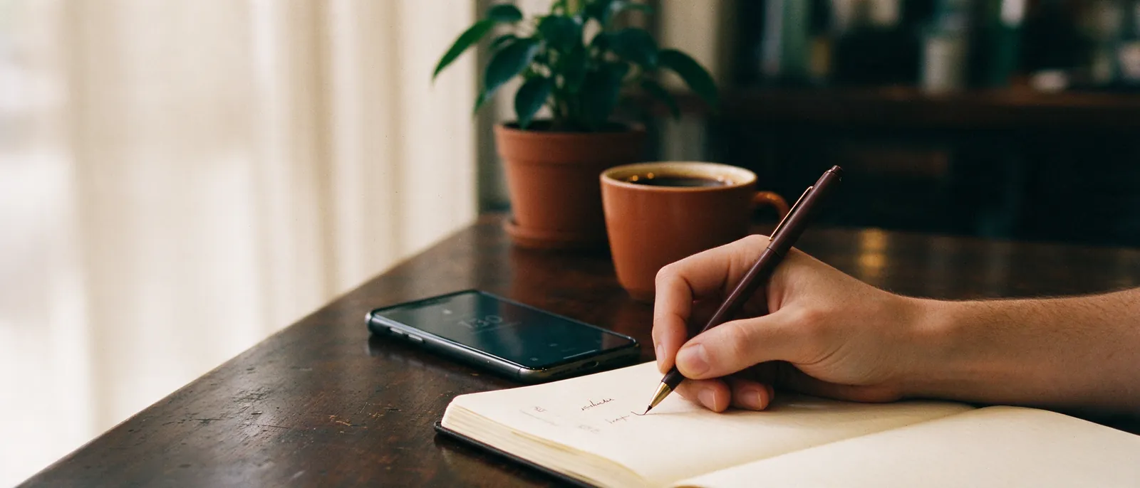 Mano escribiendo en un cuaderno junto a un celular y una taza de café sobre una mesa de madera