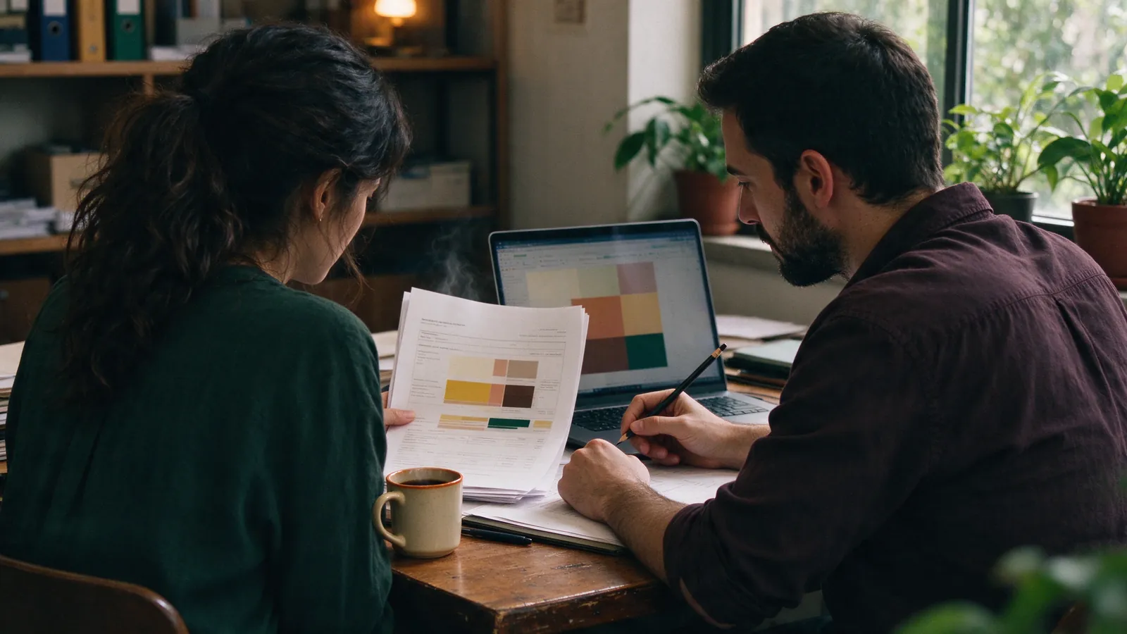 Dos personas revisando un informe de auditoría impreso frente a un notebook en una oficina pequeña