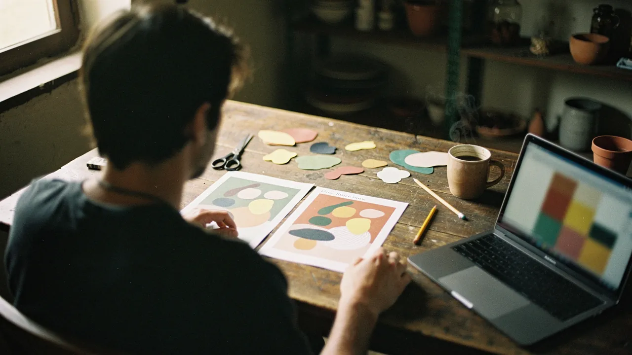 Persona comparando dos diseños de anuncio impresos con recortes de colores sobre una mesa de madera