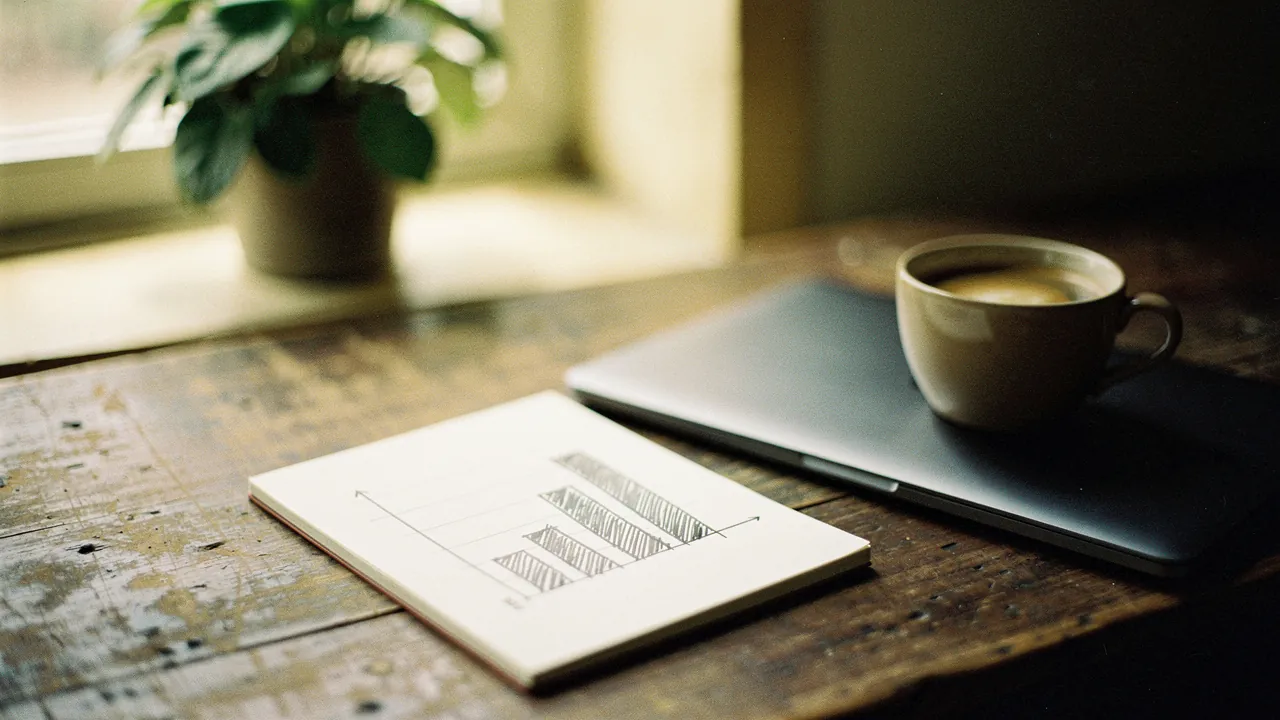 Cuaderno con un gráfico de barras dibujado a mano junto a un laptop cerrado y una taza de café