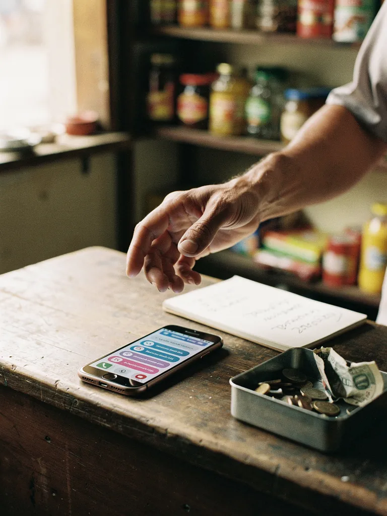 Mano de un comerciante sobre el mostrador de su negocio, junto a un celular con notificaciones