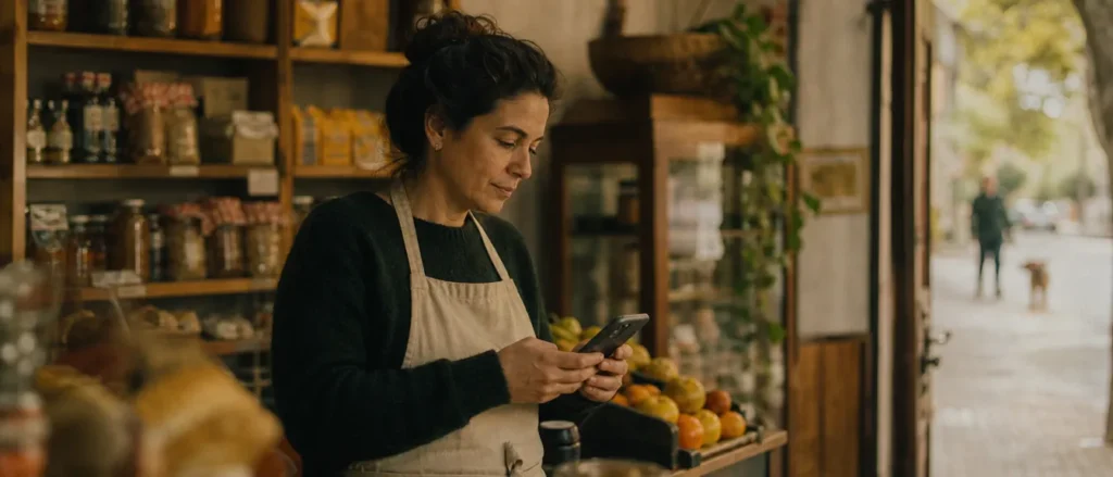 Dueño de un comercio revisando ventas en el celular