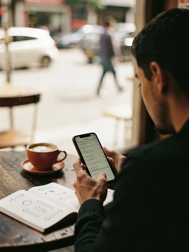 Persona buscando en su celular en un café, con una taza y un cuaderno con flechas dibujadas