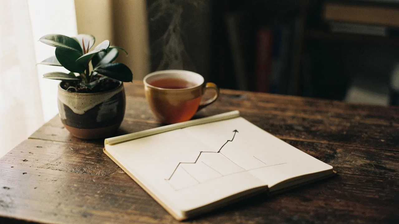 Cuaderno abierto con una línea ascendente dibujada, junto a una planta y una taza de té